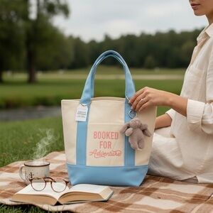 NEW Canvas Tote "Booked for Adventure" & Bunny Charm Blue & Pink Size Small